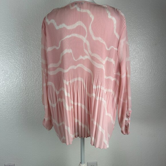 Nine West Pink & White Pleated  V-Neck Long Sleeve Top Blouse Size L Summer Top - Picture 11 of 12